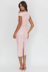 Country Club Asymmetric Neckline Midi Dress Sequin Blush
